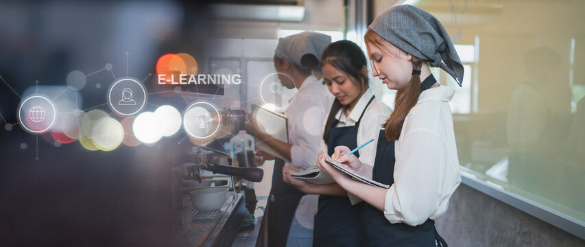 workshop student school barista.People training workshops, classes about restaurants and hospitality.Preparing teachers and administrators and room groups for classes and meetings for professional