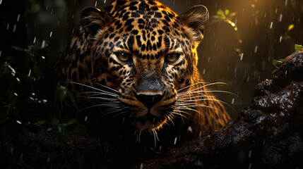 Leopardo determinado na tempestade da floresta