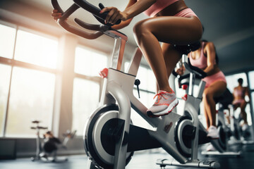 Group fitness class , featuring participants engaged in an energetic workout, such as spinning,...