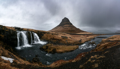 Panoramic of Kirkjufell with waterfall in Iceland 