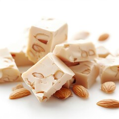almond nougat pieces on white background