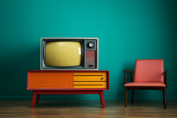 Vintage tv set in front of a vivid painted wall with a chair   a minimalist bright image.
