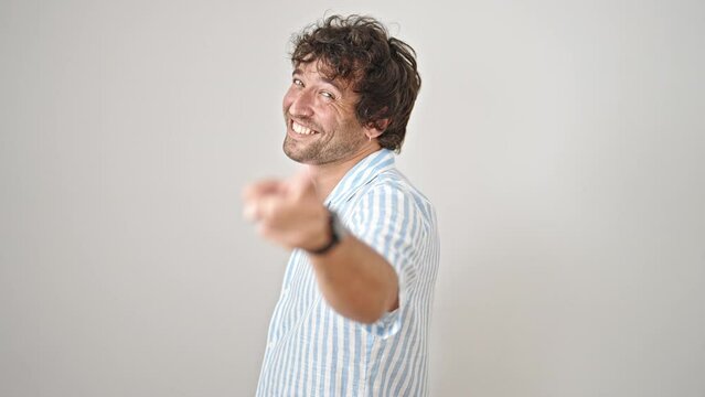 Young hispanic man smiling confident pointing to camera over isolated white background - Powered by Adobe