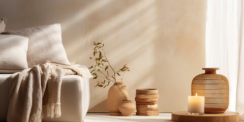 AI Generated. AI Generative. Hygge style house home room apartment design decoration wood table wall with plant and vase. Vacation scandinavian relax vibe. Graphic Art - obrazy, fototapety, plakaty