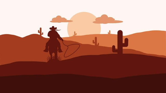 Animation of the desert with a cowboy and cactus trees at sunset. 4k animations, Cowboy animation background