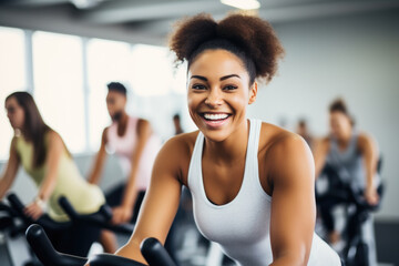 Fototapeta premium Group fitness class , featuring participants engaged in an energetic workout, such as spinning, aerobics, set against a bright, gym studio background