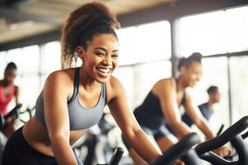 Group fitness class , featuring participants engaged in an energetic workout, such as spinning, aerobics, set against a bright, gym studio background