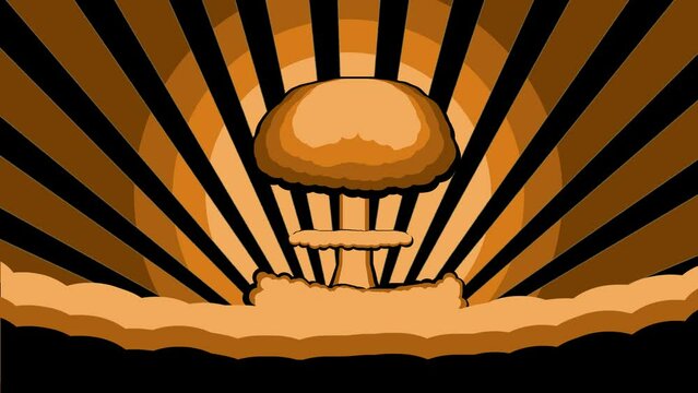 Animation of an atomic bomb explosion with dark smoke and bright lights. 2d atomic bomb animation background, 4k animation