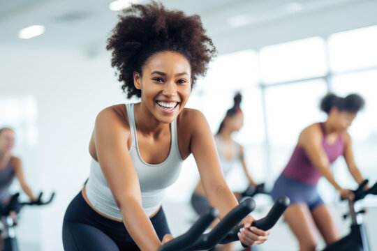 Group fitness class , featuring participants engaged in an energetic workout, such as spinning, aerobics, set against a bright, gym studio background