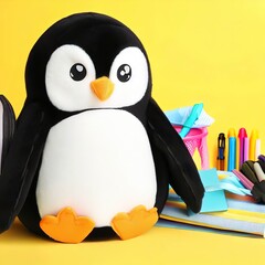 Plush penguin backpack with stationery and supplies for drawing and craft on yellow background