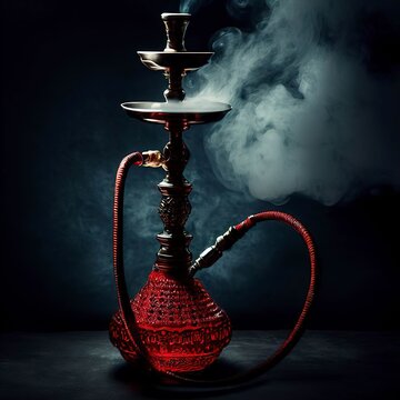 Red eastern hookah on dark background