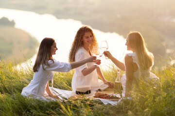 The company of female friends enjoys a summer picnic and raise glasses with wine. 