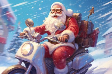 Fototapeta na wymiar Santa Claus is riding an electric scooter while delivering presents, Merry Christmas, Generative ai