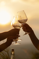 Crop shot of hands of female friends toasting with glasses of wine during outdoor party in summer evening in countryside.