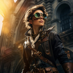 Steampunk explorer, adventurer with goggles and Victorian attire, amidst an ancient ruin, in digital art, painting. Mysterious, dynamic, contrasting lightning, darkness, warm colors. Generative AI.