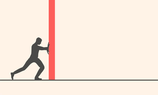Businessman pushing abstract wall. Hard work. Struggle and strain. Business concept