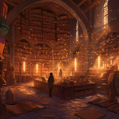 Enchanted Library: Harry Potter-Tolkien Style Digital Art, Warm Candlelit Glow. Generative AI. - obrazy, fototapety, plakaty