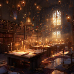 Fototapeta premium Enchanted Library: Harry Potter-Tolkien Style Digital Art, Warm Candlelit Glow. Generative AI.