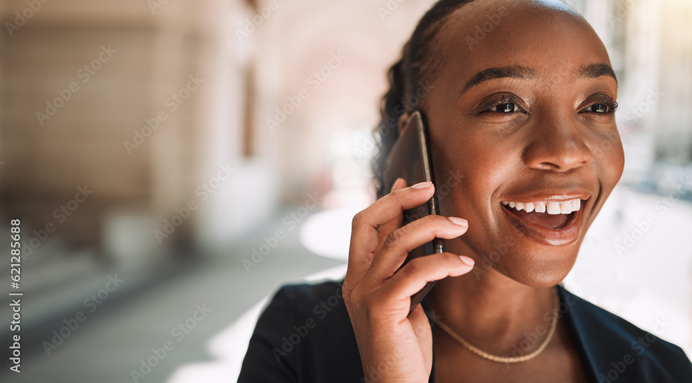 Poster Happy black woman, phone call and city for conversation, communication or networking. Face of African female person smile and talking on smartphone for business discussion or advice in an urban town