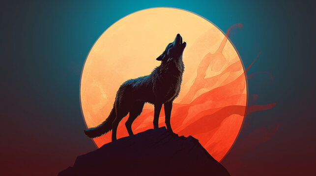 Fierce wolf howling at the moon, sunrise, sunset, with mountains and landscape in the background. Vivid, vibrant colors. Digital illustration, painting, drawing, art, poster, picture. Generative AI.