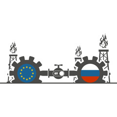 Image relative to gas transit from Russia to European Union. Gears connected by gas pipe. National flags on cog wheels. Switch off toggle.
