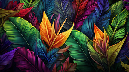 Folhas tropicais coloridas exuberantes, fundo escuro
