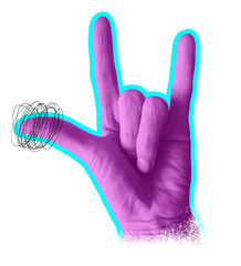Heall Yeah Gesture. Vibrant Pink Hand with Blue Outline. Colorful Collage made of Picture of Hand in Rock Gesture and Hand Drawn Abstract Doodles.   