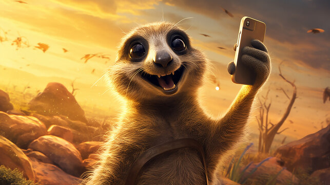 Animal selvagem Meerkat fazendo uma selfie com uma ilustração de smartphone