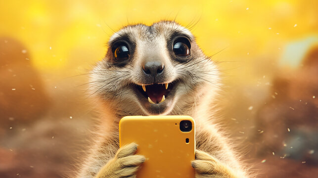 Animal selvagem Meerkat fazendo uma selfie com uma ilustra&ccedil;&atilde;o de smartphone