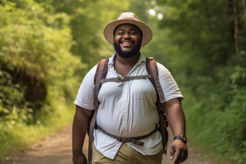 Smiling Black Man Hiking Wearing Hat, Walking Outdoors