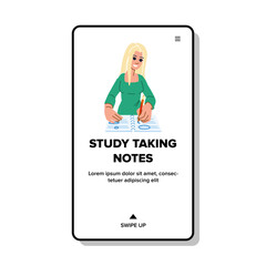 writing study taking notes vector. student note, school pencil, learning young writing study taking notes web flat cartoon illustration