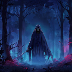 An AI-generated anime-style grim reaper image in twilight and foggy forest. Stock image.