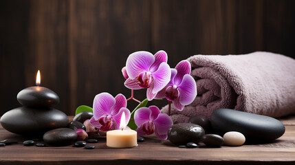 Obraz na płótnie Canvas Orquídea de spa com toalhas macias e configuração de pedras de massagem