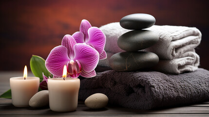 Orquídea de spa com toalhas macias e configuração de pedras de massagem