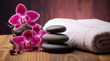 Orquídea de spa com toalhas macias e configuração de pedras de massagem