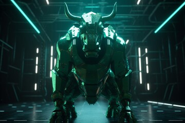 Fototapeta premium The Galactic Guardian: A Futuristic Bull in Green Armor Standing Strong Generative AI