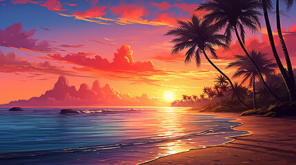 Fototapeta na wymiar Praia tropical com palmeiras, céu nascer e pôr do sol. Fundo romântico