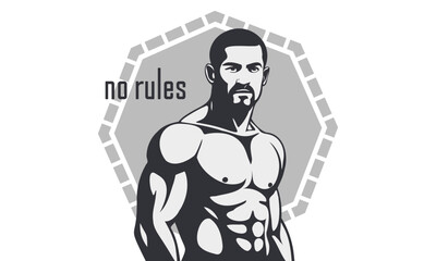 Vector strong powerful athletic serious male bodybuilder with embossed large muscles against the background of an octagon with the inscription, there are no rules. Isolated white background.