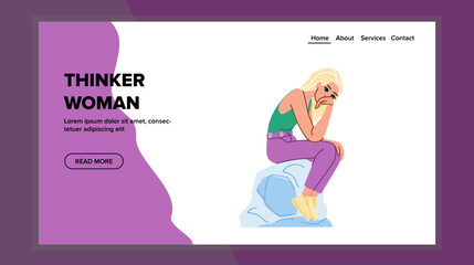 think thinker woman vector. concept expression, young brunette, beautiful face think thinker woman web flat cartoon illustration