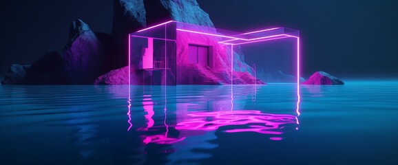 Neon Reflections on Rocky Water: A Surreal Architectural Landscape Generative AI