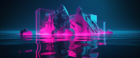 Luminous Depths: A Surreal Underwater Landscape of Neon Lights and Mirrored Rooms in Magenta and Azure Generative AI
