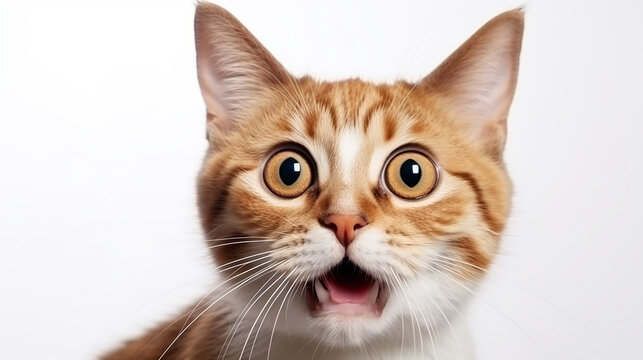 O jovem gato surpreso e louco faz olhos grandes fechados no fundo branco