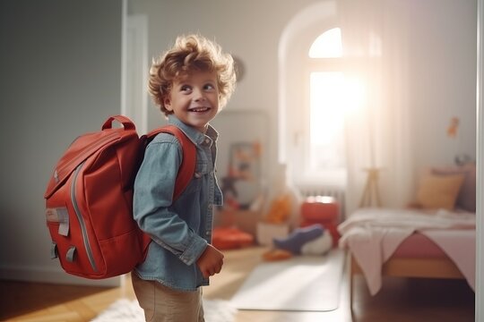 a cheerful boy with a backpack is going to school at home. generative ai.