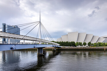 Bell's Bridge and the SEC Armadillo building on the river Clyde waterfront in Glasgow, Scotland