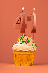 Candle number 41 - Cake birthday in coral fusion background