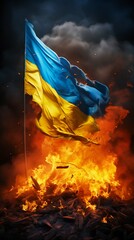 Ukrainian Flag Engulfed in Fire. Generative ai