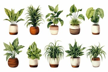 Fototapeta na wymiar Collection of Beautiful Plants in Ceramic Pots Isolated Set. Generative ai