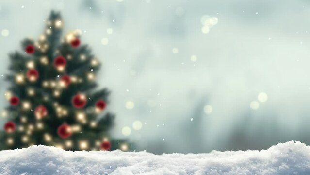blurred decorated christmas tree in snowy winter landscape background with snowflake and bokeh light animation, product display on snow cover for happy new year oder christmas celebration