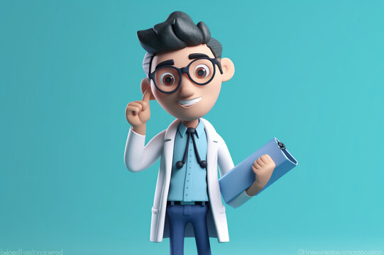 3d render. Cartoon doctor character holds clipboard. Clip art isolated on blue background. Professional consultation. Medical concept