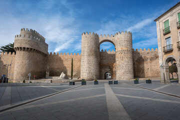 Fototapeta na wymiar Puerta del Alcazar Gate and Torre del Homenage (Keep) at Medieval Walls of Avila - Avila, Spain